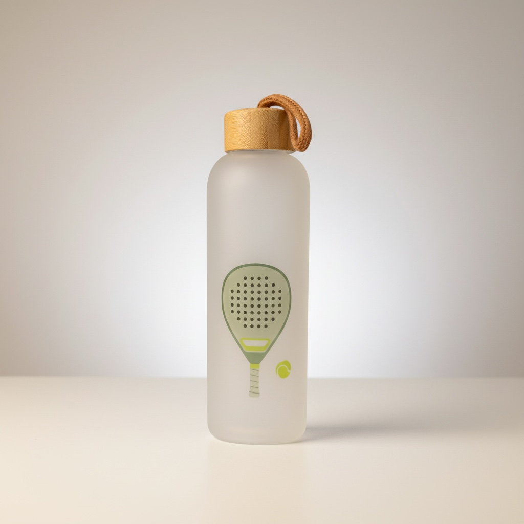 Frosted 750ml water bottle with bamboo lid and padel racket