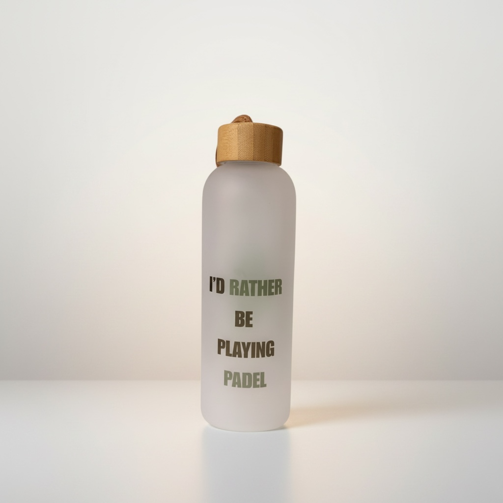 Frosted 750ml water bottle with bamboo lid and “I’d Rather Be Playing Padel” text