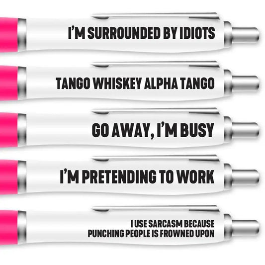 Funny pen set with humorous phrases for colleagues; perfect office gift.