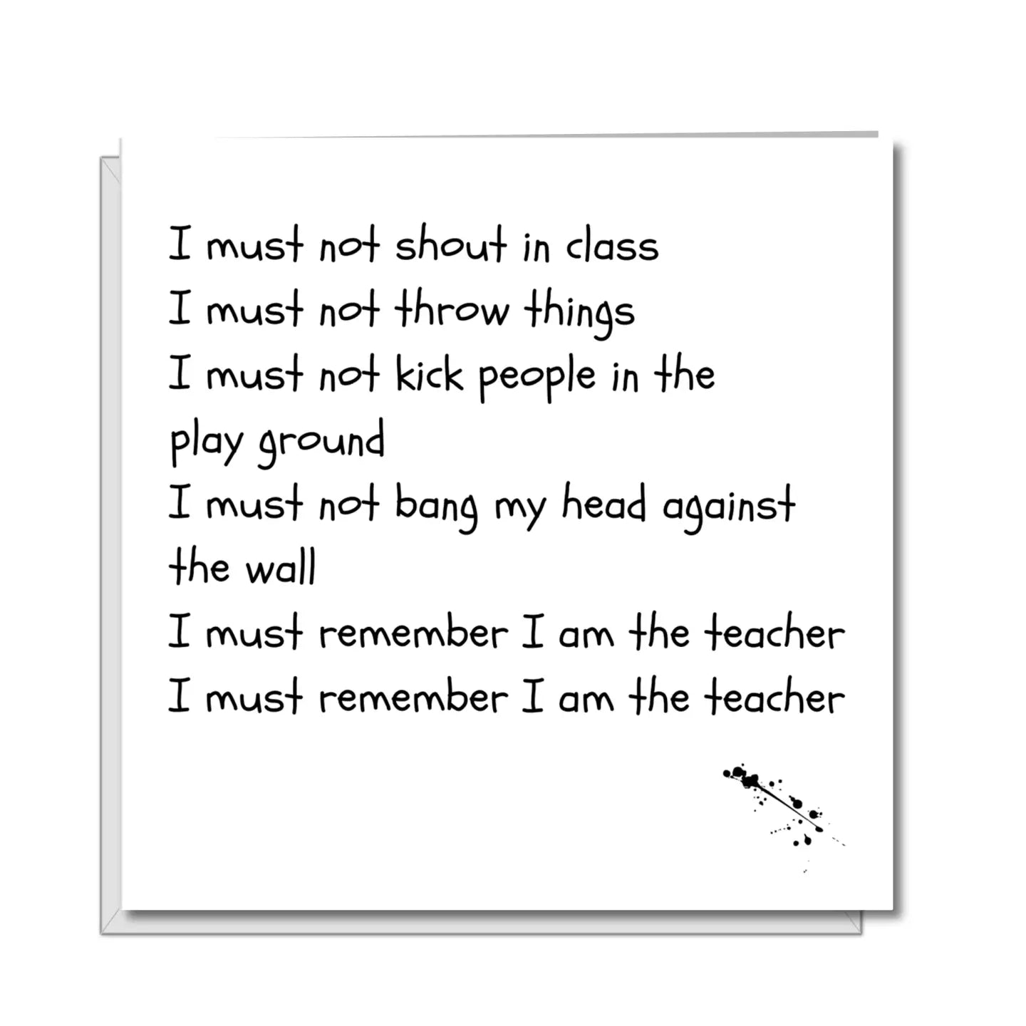 Funny Teacher Card with humorous text about classroom discipline, perfect for thanking teachers.