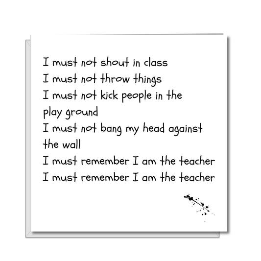 Funny Teacher Card with humorous text about classroom discipline, perfect for thanking teachers.
