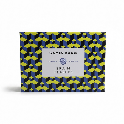 Box of 'Games Room Second Edition Brain Teasers' with geometric pattern
