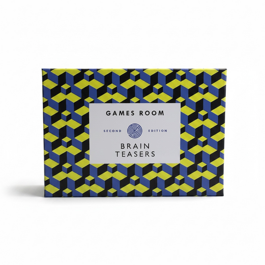 Box of 'Games Room Second Edition Brain Teasers' with geometric pattern