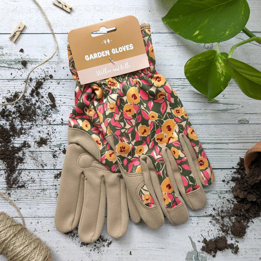 Willow & Belle Gardening Gloves with mustard and pink floral pattern, cushioned palm, and elastic wrist for protection.