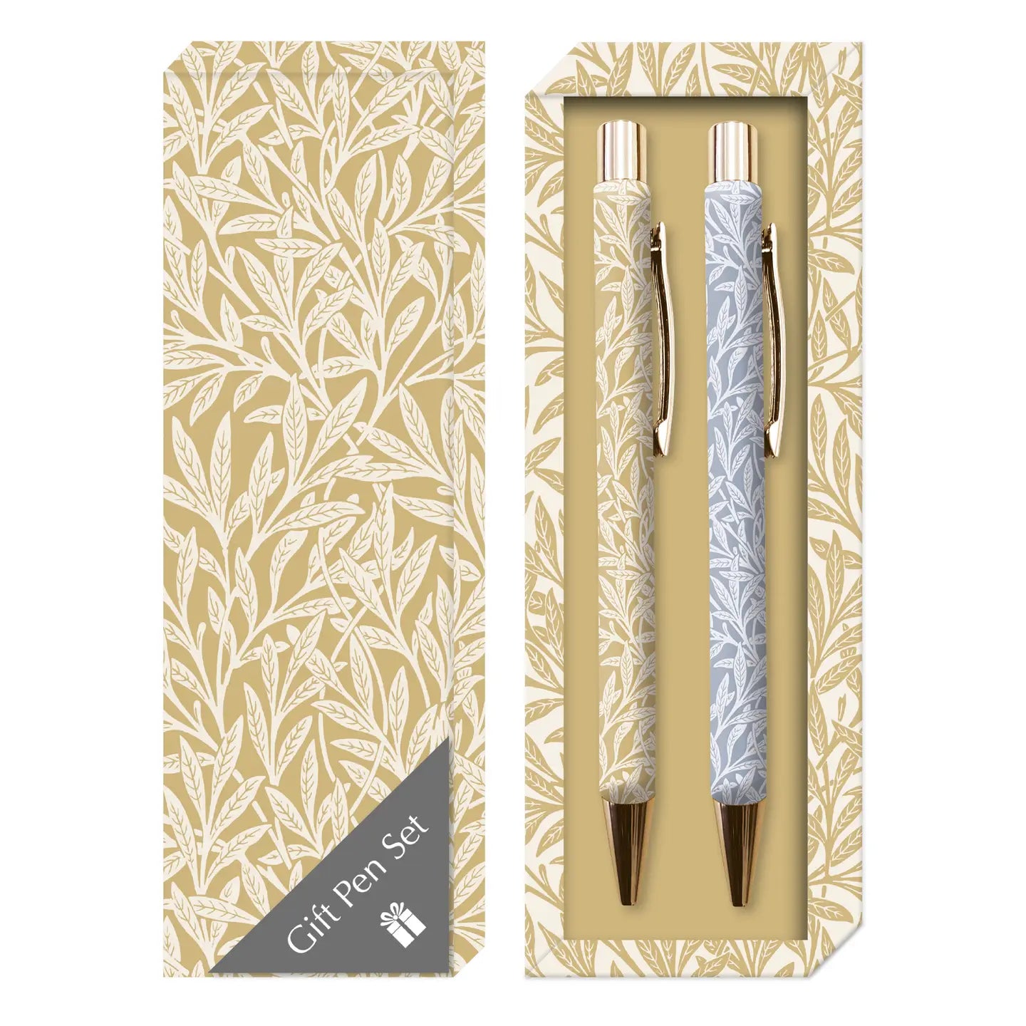 Gift pen set with decorative patterned packaging on a white background