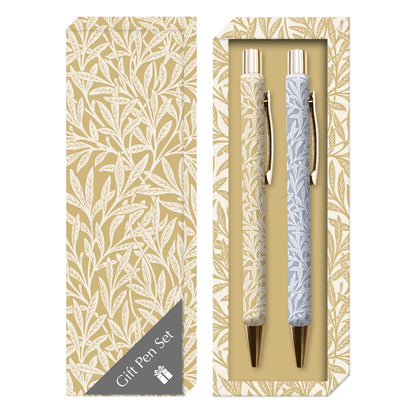 Gift pen set with decorative patterned packaging on a white background