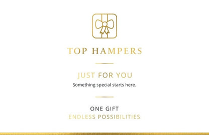 Top Hampers Gift Card presented with gold foil detailing and branded ribbon, redeemable against luxury hampers, gifts and individual products.