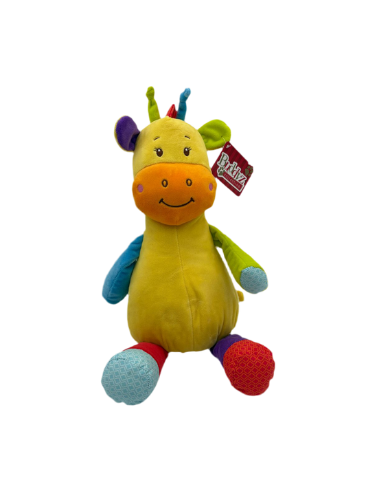 colourful giraffe soft toy with vibrant patterns and a cheerful smile