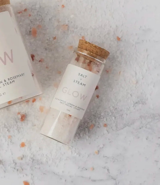 Glow Salt and Steam Facial Steam Test Tube 50g on white surface.
