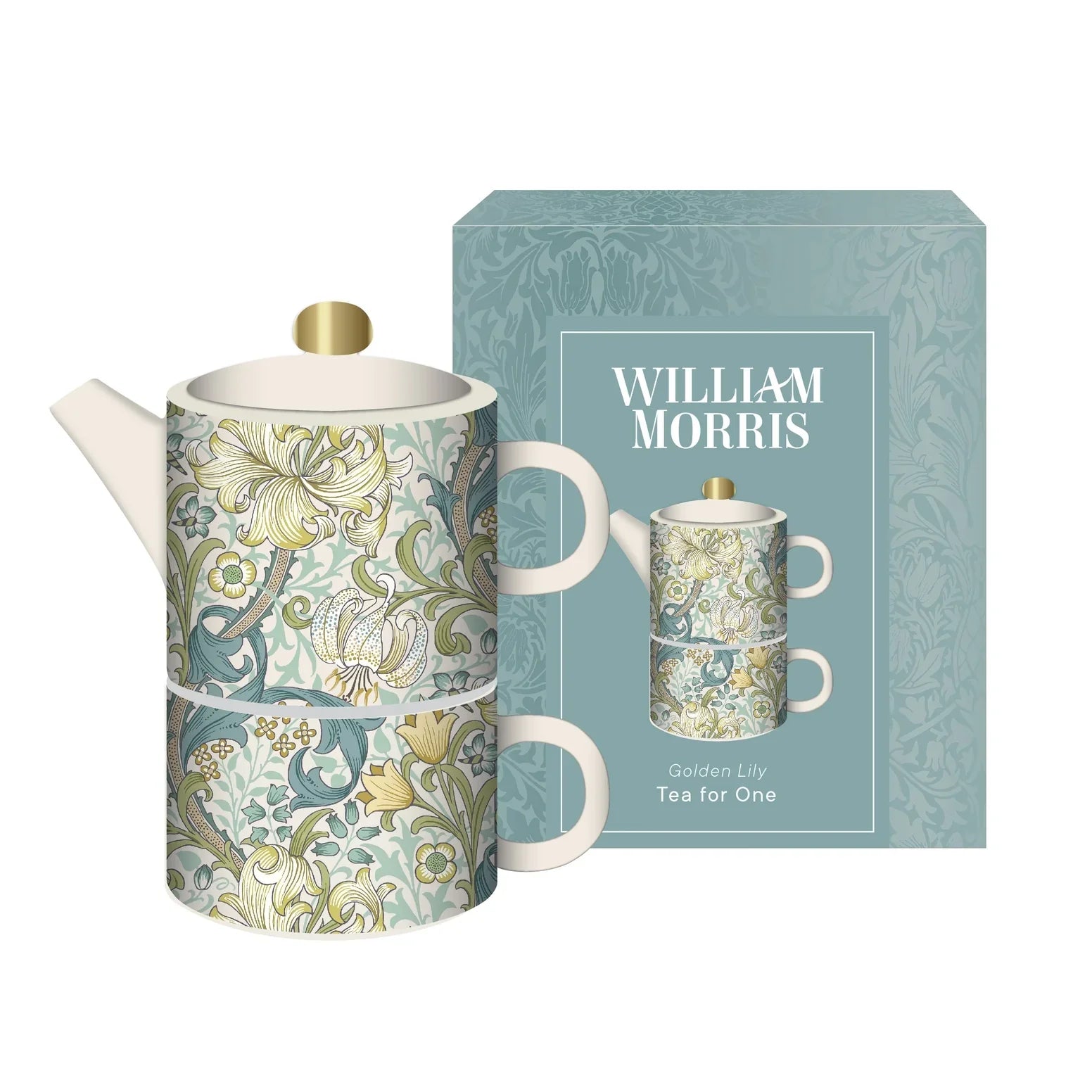 Golden Lily Tea for One Set featuring decorative teapot and mug with William Morris pattern.