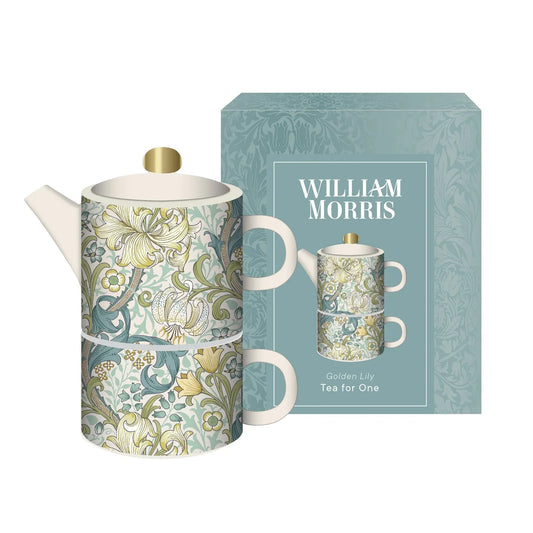 Golden Lily Tea for One Set featuring decorative teapot and mug with William Morris pattern.
