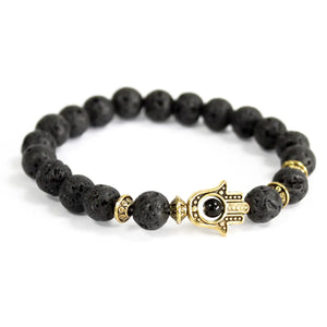 Attractive & Therapeutic Gold Hamsa/Lava Stone Bracelet
