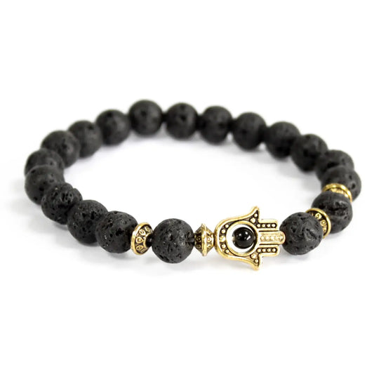 Attractive & Therapeutic Gold Hamsa/Lava Stone Bracelet
