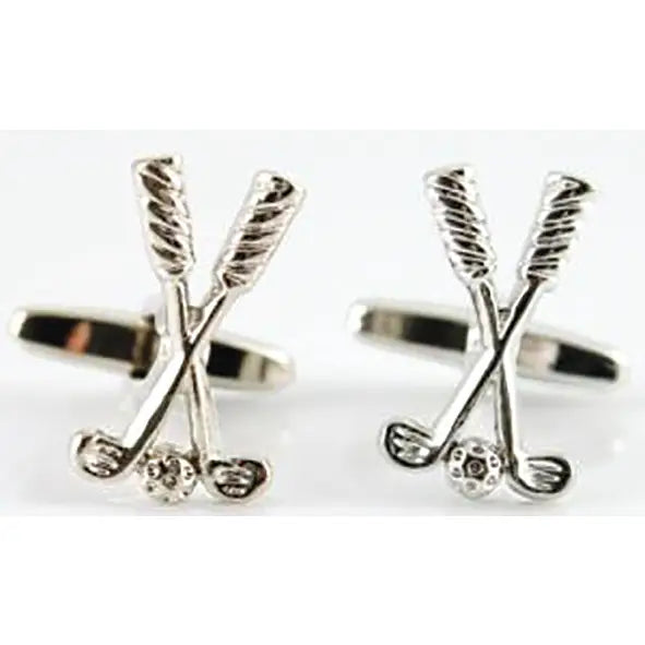 Golf themed cufflinks with crossed golf clubs and ball design.