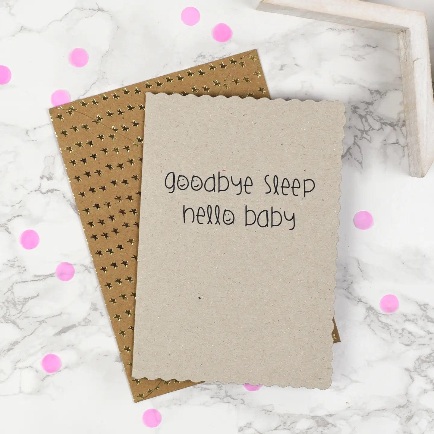 Cute "Goodbye Sleep, Hello Baby" greeting card with a soft grey design and craft brown star-adorned envelope.