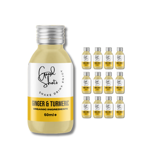 Bottle of Good Shots Ginger & Turmeric shake with multiple smaller bottles on a white background