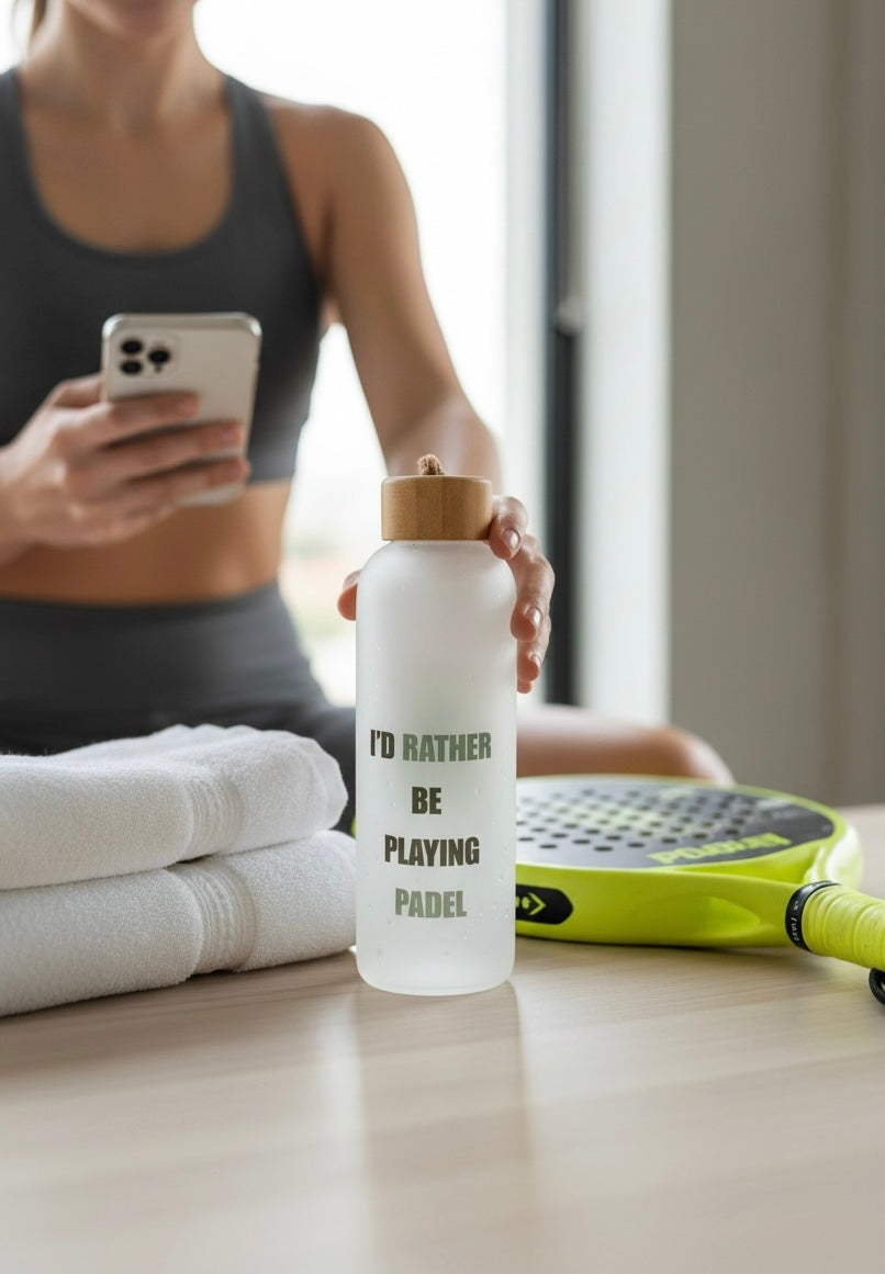 Frosted 750ml water bottle with bamboo lid and “I’d Rather Be Playing Padel” text