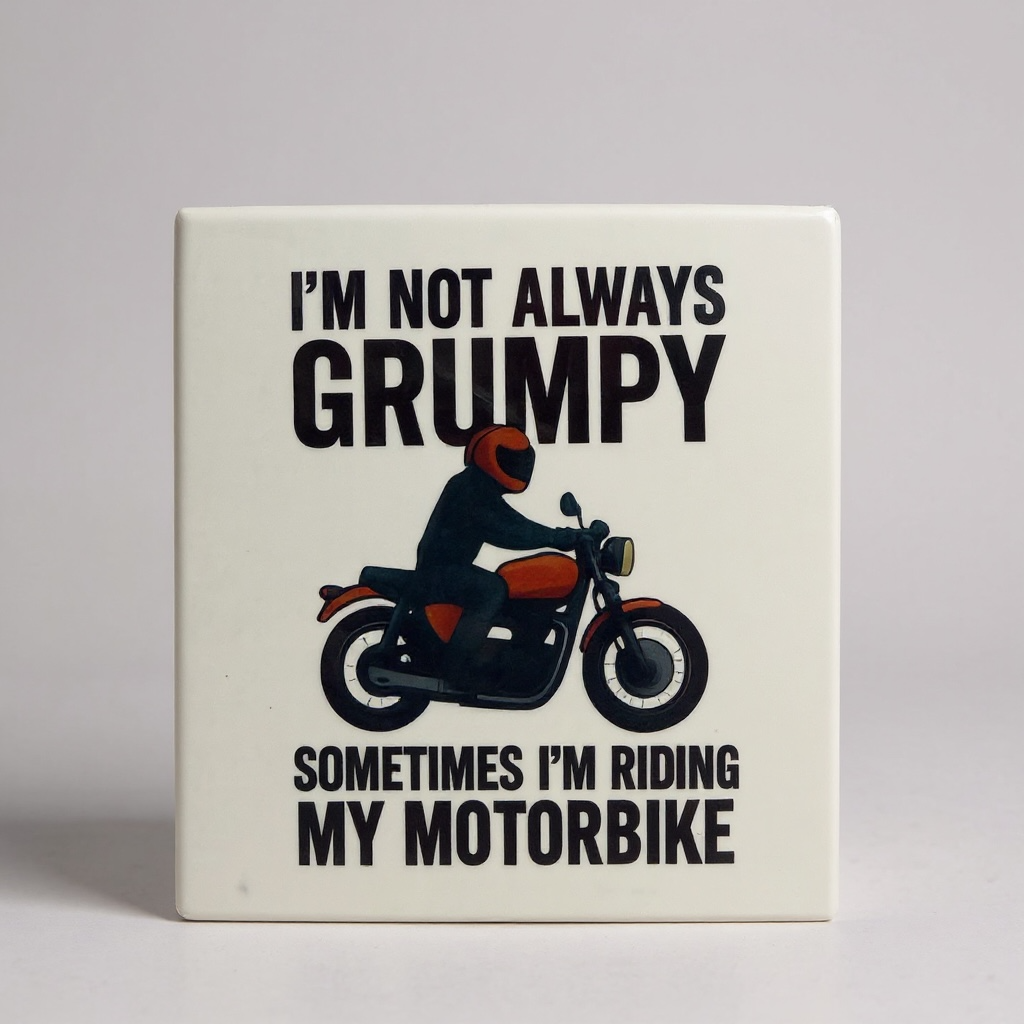 White mug with motorbike graphic and text saying “I’m not always grumpy, sometimes I’m riding my motorbike.