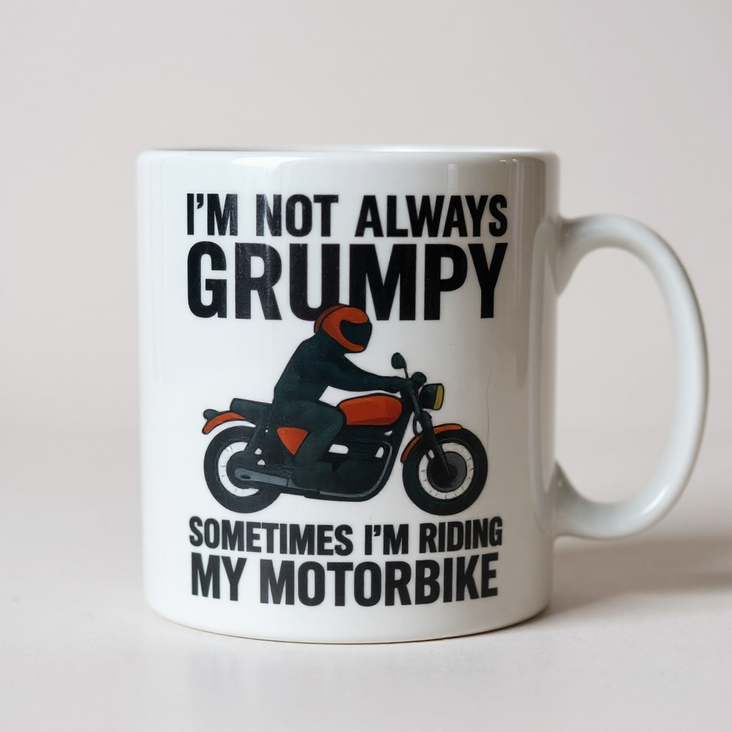 White mug with motorbike graphic and text saying “I’m not always grumpy, sometimes I’m riding my motorbike
