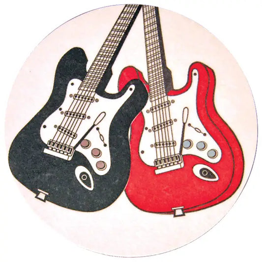 Guitar themed coaster set with black and red guitar design.