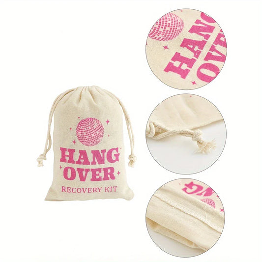 Hangover Recovery Kit Bag with drawstring closure and pink lettering.