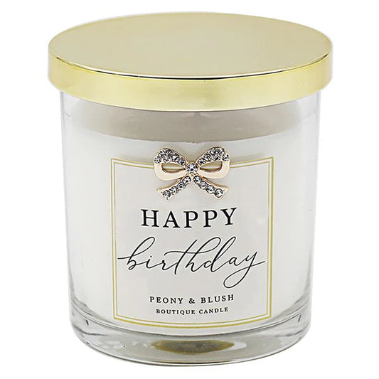 Happy Birthday Peony and Blush Candle with Diamante Bow in Gift Box