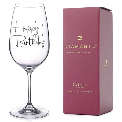 happy birthday wine glass with festive text and celebratory design.