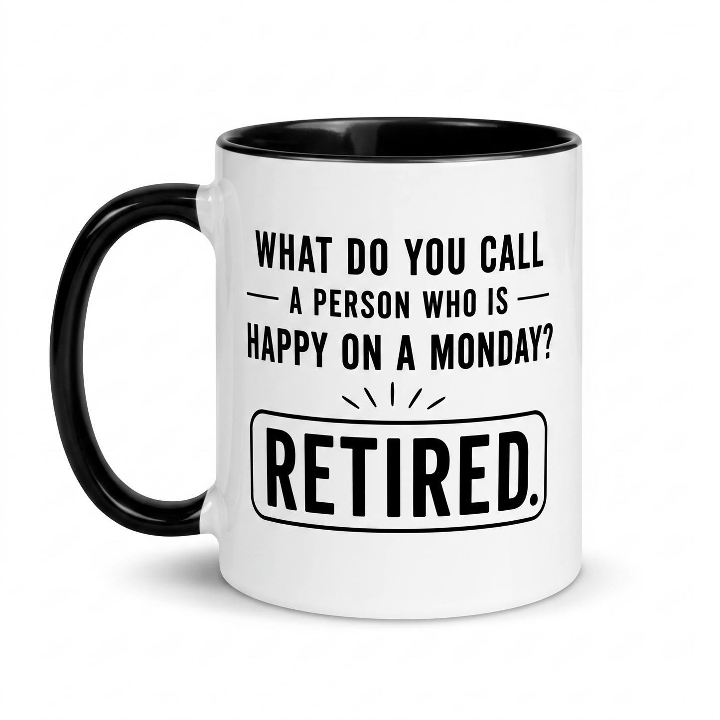 11oz retirement mug with black handle and Happy on a Monday retired design.