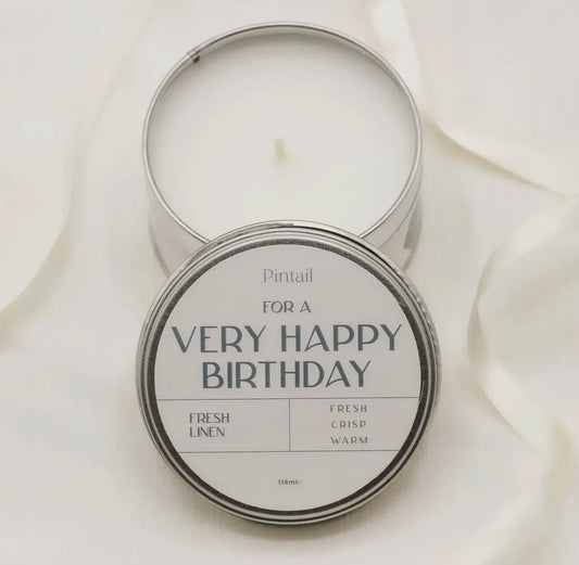 Fresh linen candle labeled "For a Very Happy Birthday" in a tin, 160g.