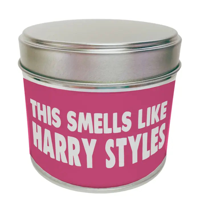 Harry Styles themed candle tin with a novelty label.