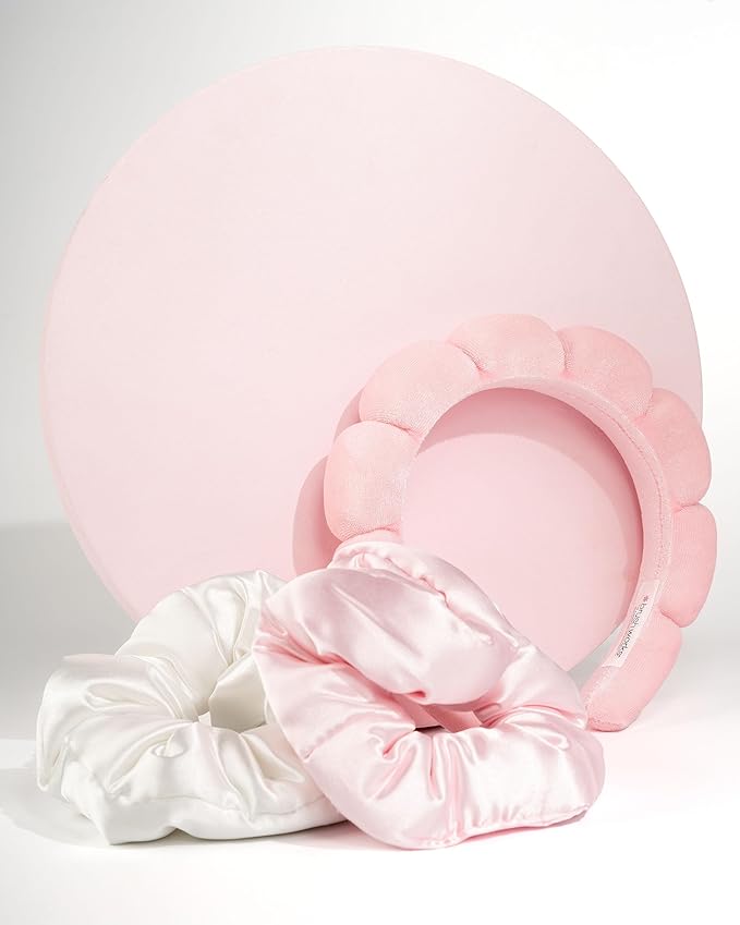 Pink headband with pink and white satin scrunchies