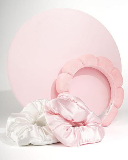 Pink headband with pink and white satin scrunchies