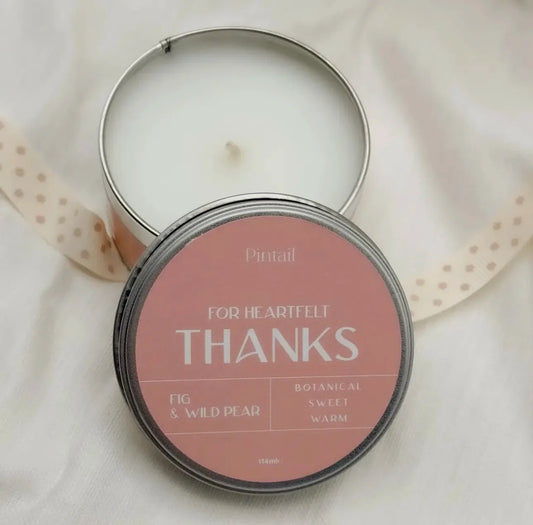 heartfelt thanks fig and wild pear candle 160g with pink label
