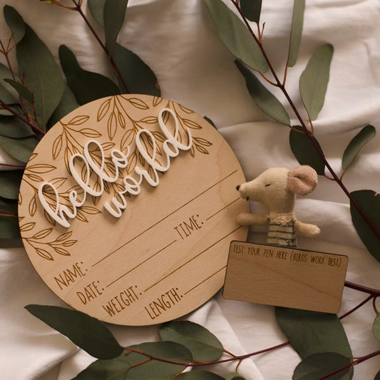 Hello World new baby birth announcement wooden plaque with customizable design.