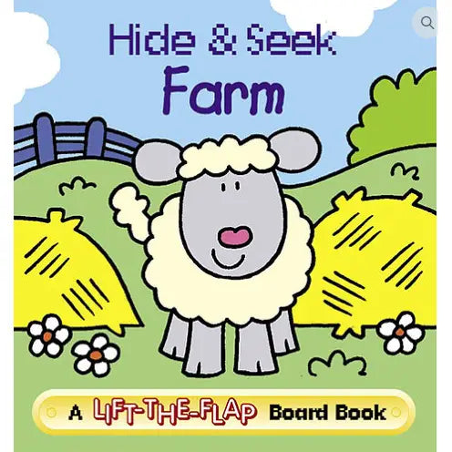 Interactive Hide & Seek Farm board book with colorful scenes for kids.