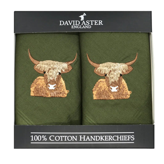 Set of two green cotton handkerchiefs with Highland Cow embroidery, presented in an eco-friendly gift box.