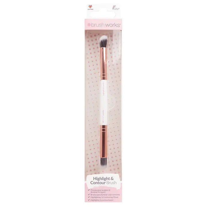 White and gold double-ended highlight and contour brush in packaging.