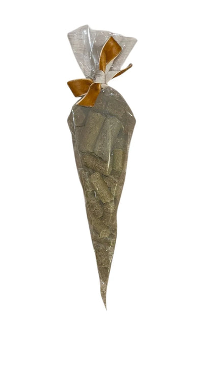 Horse Treats Cone in clear packaging with a brown ribbon.