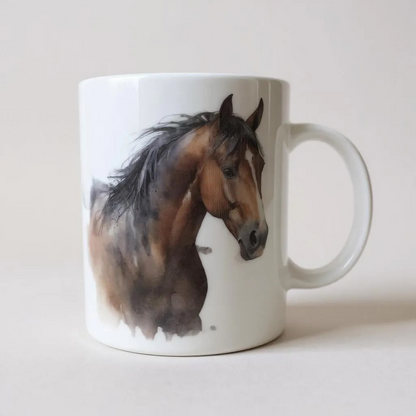 White mug with a horse design on a white background