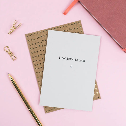 I Believe in You card with grey cover and brown star-patterned envelope.