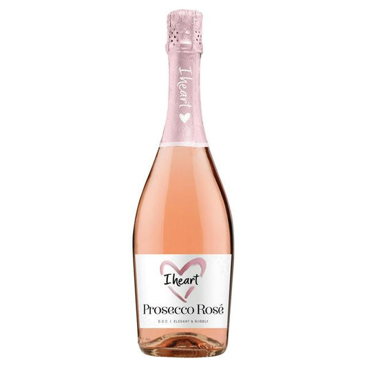 Elegant bottle of I heart Prosecco Rosé, extra dry and fruity with floral hints.