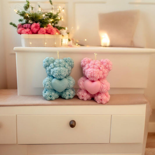 Blue teddy bear candle by Olga, handmade and scented, ideal for baby gifts.