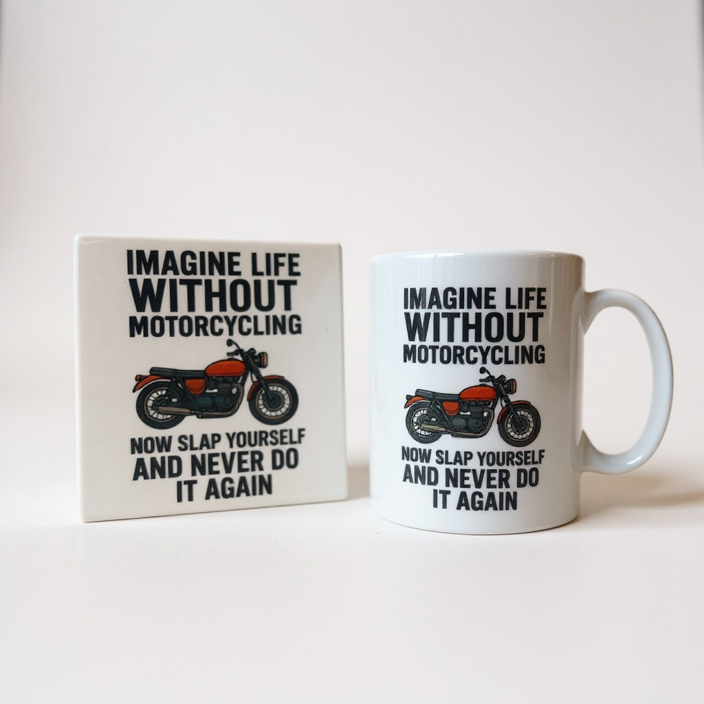 White mug and coaster with motorbike graphic and quote “Imagine life without motorcycling… now slap yourself and never do it again.