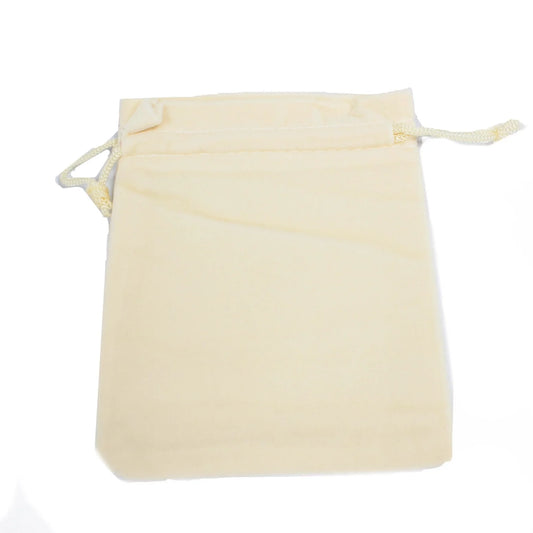 Quality velvet pouch in ivory with drawstring, perfect for jewelry storage.
