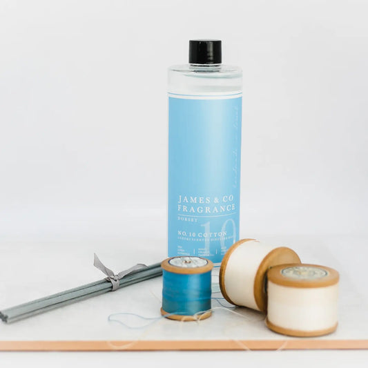 James & Co Cotton Luxury Scented Diffuser Refill with grey reeds and cotton fragrance in 200ml bottle.