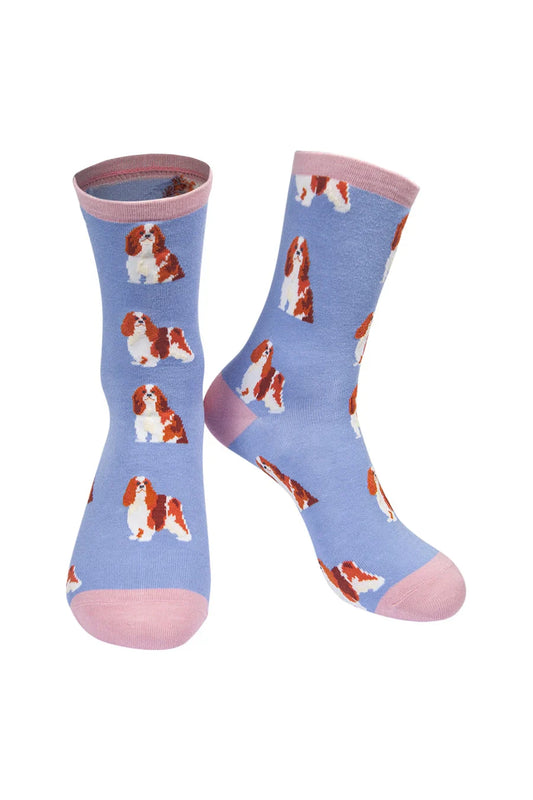 Womens lilac bamboo socks with Cavalier King Charles Spaniel design.