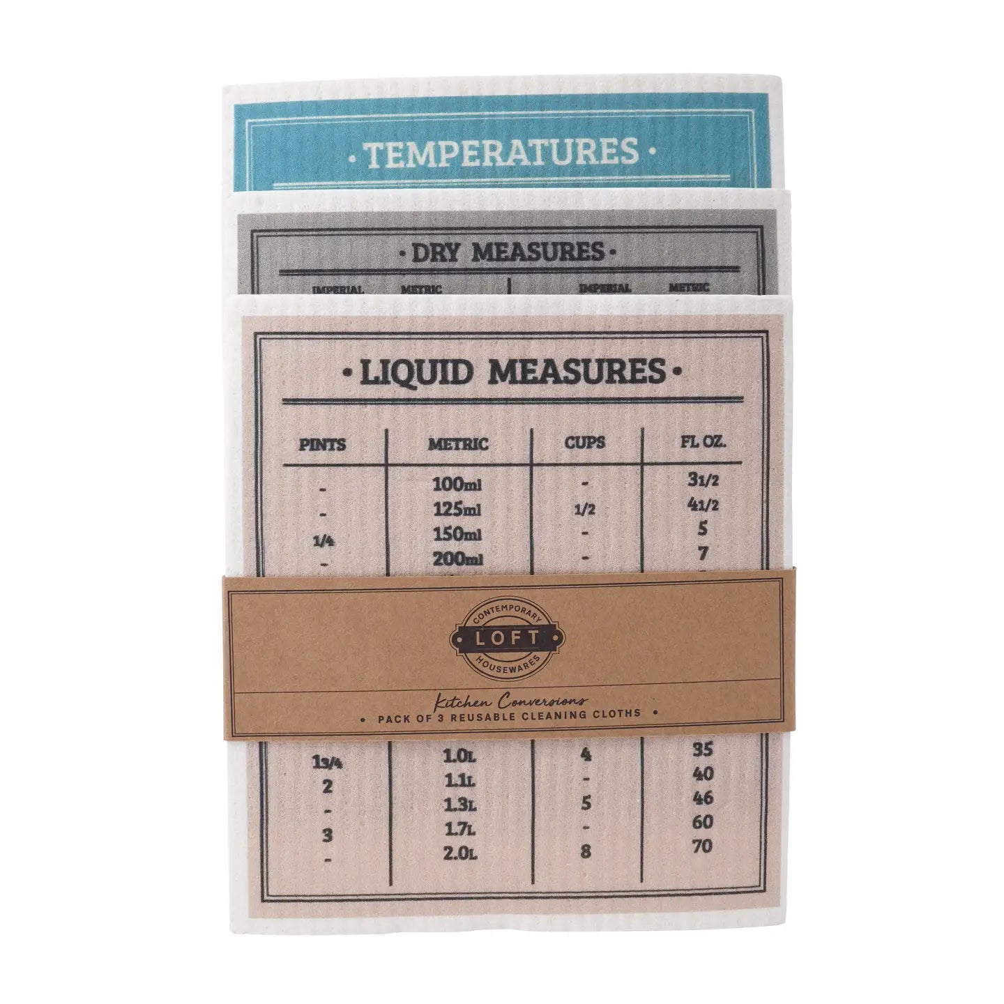 Kitchen Conversion Eco Dishcloth Set of 3 with measurement conversions, eco-friendly and reusable.