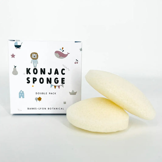 Soft Baby Konjac Sponge Double Pack with packaging in background.