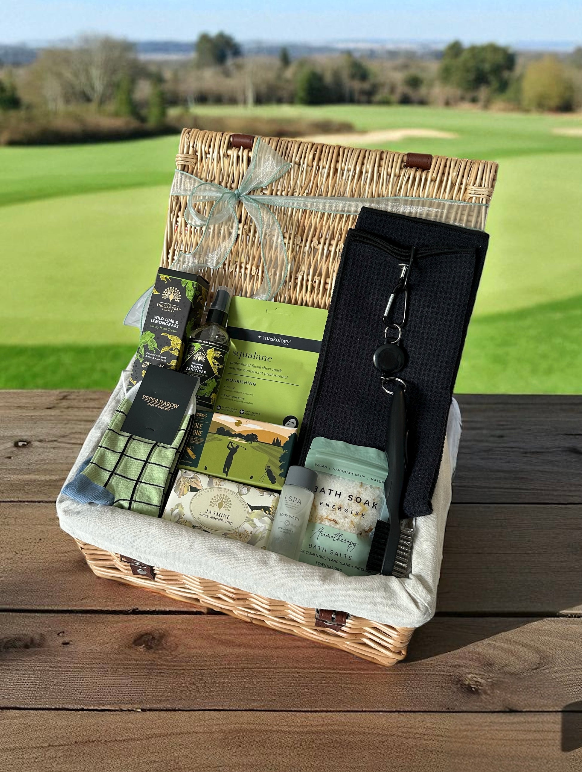 ladies golfing gift hamper with golf items and self care