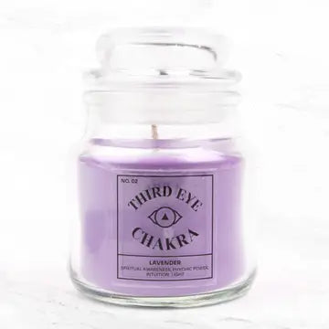 Third Eye Chakra candle with lavender scent in a glass jar.